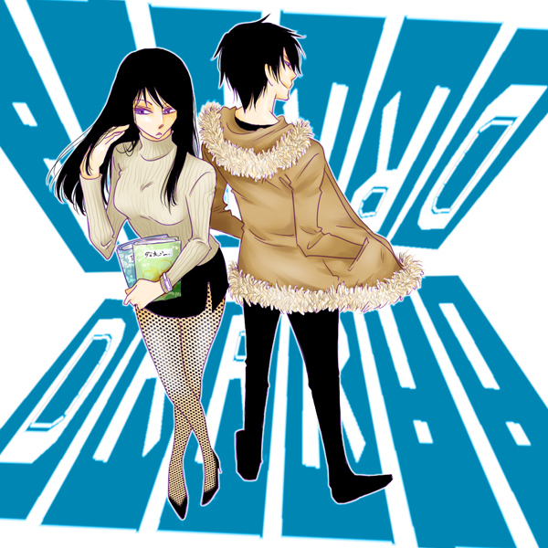 chai (artist), orihara izaya, yagiri namie, durarara!!, black hair, fishnet pantyhose, fishnets, jacket, legs, long hair, miniskirt, pantyhose, short hair, skirt, thighhighs, turtleneck