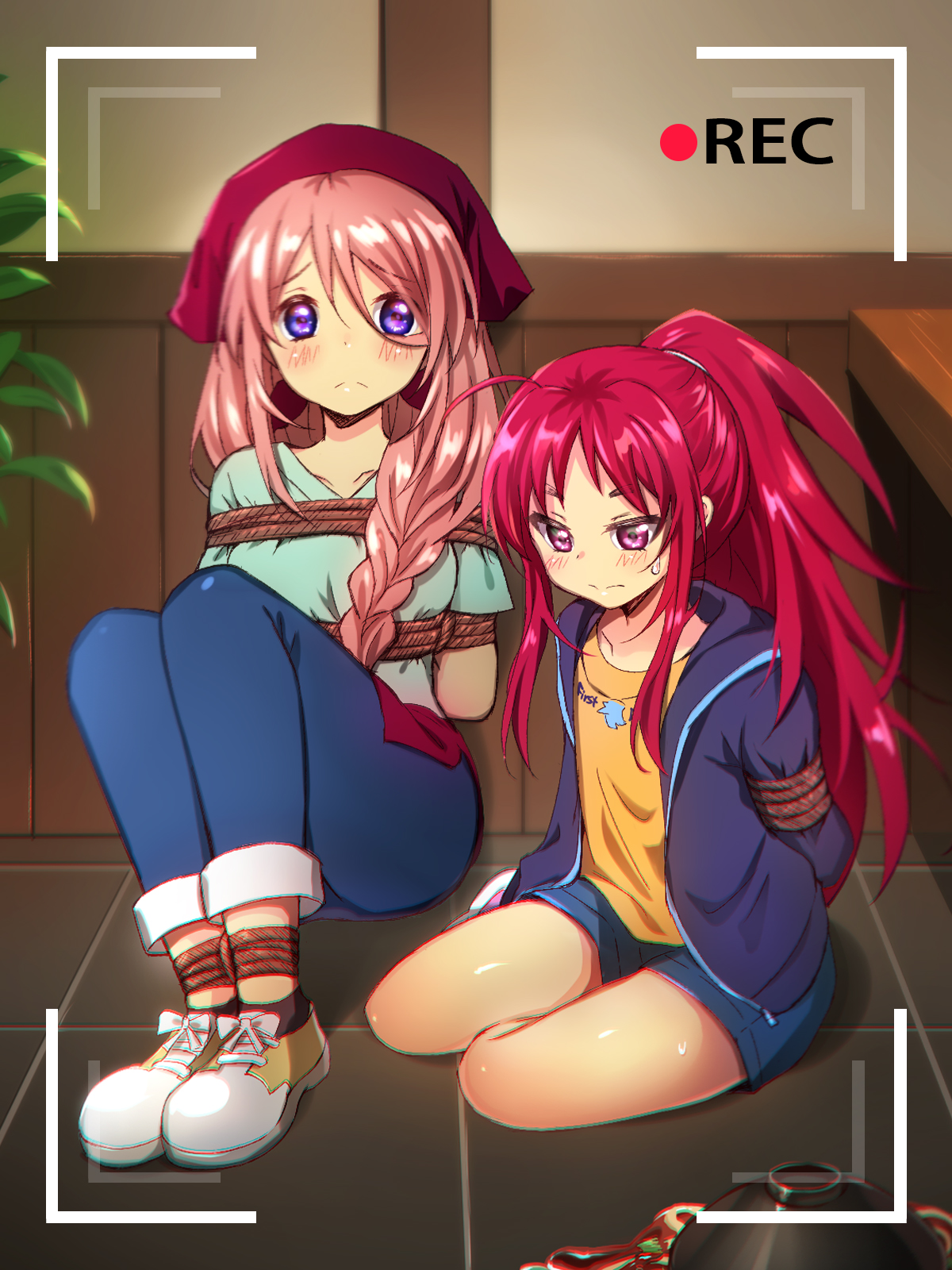 lliissaawwuu2, jinguuji hikari, narukami sora, kamisama ni natta hi, chinese commentary, commentary request, highres, 2girls, ahoge, aqua shirt, bdsm, blue eyes, blue pants, blush, bondage, bound, braid, closed mouth, denim, denim shorts, frown, full body, furrowed brow, hair between eyes, headscarf, indoors, knees up, long hair, long hair between eyes, long sleeves, looking at viewer, multiple girls, on floor, pants, pink hair, ponytail, purple eyes, recording, red hair, red headscarf, shibari, shirt, shoes, short sleeves, shorts, sidelocks, single braid, sitting, sneakers, split mouth, sweatdrop, thick eyebrows, thighs, tile floor, tiles, very long hair, viewfinder, white shoes, yellow shirt, yokozuwari