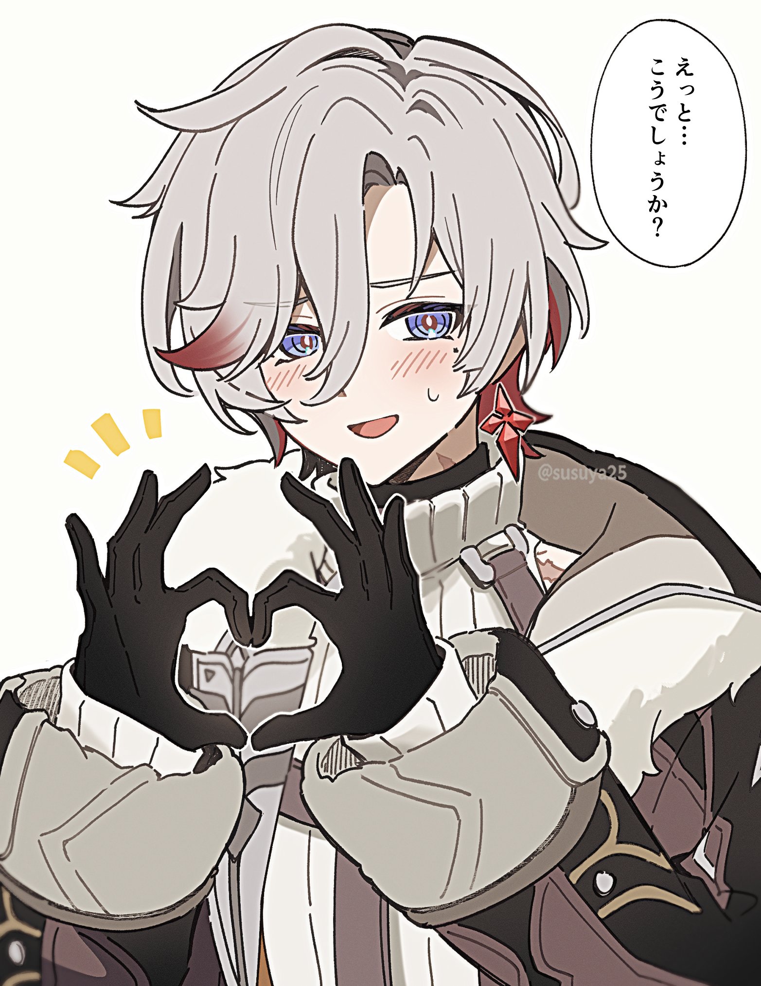 susukeya, illuga (genshin impact), genshin impact, commentary request, highres, 1boy, black gloves, blush, coat, earrings, fur-trimmed coat, fur trim, gloves, grey hair, hair between eyes, heart, heart hands, jewelry, male focus, mole, mole under eye, multicolored hair, red hair, scar, scar on neck, single earring, sleeveless, sleeveless turtleneck, solo, sweatdrop, sweater, turtleneck, turtleneck sweater, two-tone hair, watermark, white background