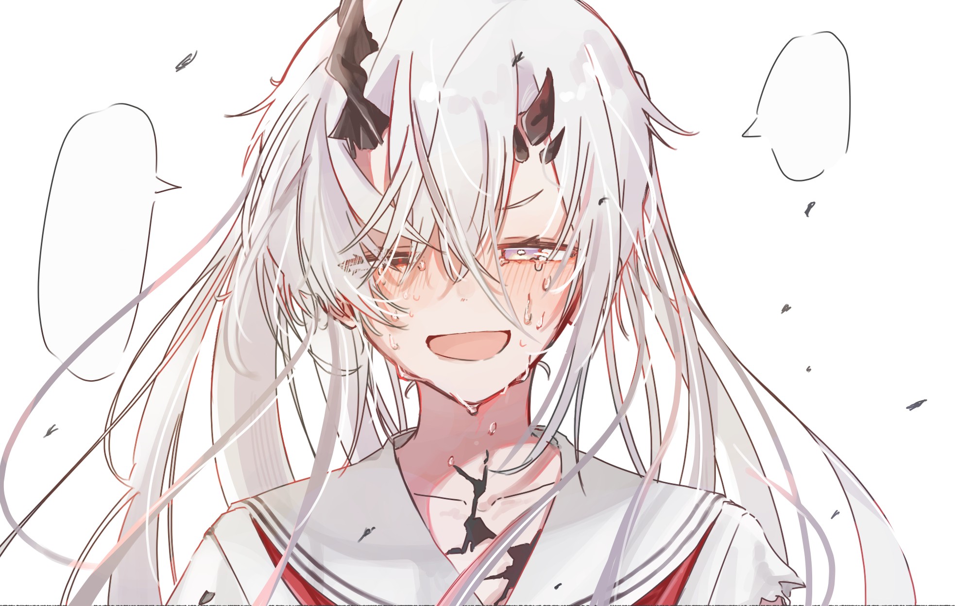 reverseblue x re-birthend, commentary request, highres, 1girl, 909 (reverseblue), asymmetrical horns, black horns, crying, crying with eyes open, grey eyes, grey hair, hair between eyes, heterochromia, horns, long hair, neckerchief, open mouth, red eyes, red neckerchief, sailor collar, solo, tears, white sailor collar