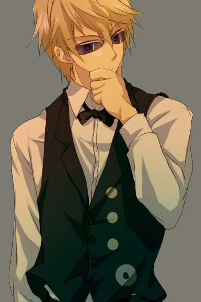 ekoo, heiwajima shizuo, durarara!!, bad id, bad pixiv id, 1boy, blonde hair, bow, bowtie, male focus, simple background, solo, sunglasses, vest