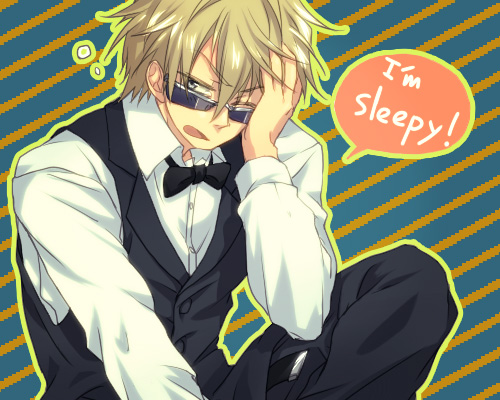 ekoo, heiwajima shizuo, durarara!!, bad id, bad pixiv id, lowres, 1boy, blonde hair, bow, bowtie, english text, male focus, one eye closed, open mouth, solo, sunglasses, vest, wink