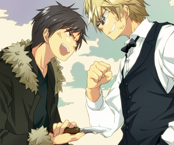 ekoo, heiwajima shizuo, orihara izaya, durarara!!, 2boys, black hair, blonde hair, bow, bowtie, folding knife, jacket, knife, male focus, multiple boys, sunglasses, switchblade, veins, vest, weapon