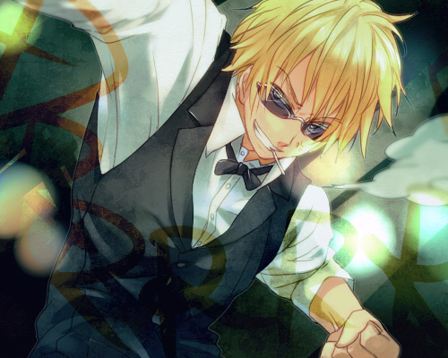 ekoo, heiwajima shizuo, durarara!!, bad id, bad pixiv id, lowres, 1boy, blonde hair, bow, bowtie, cigarette, male focus, smile, solo, sunglasses, veins, vest