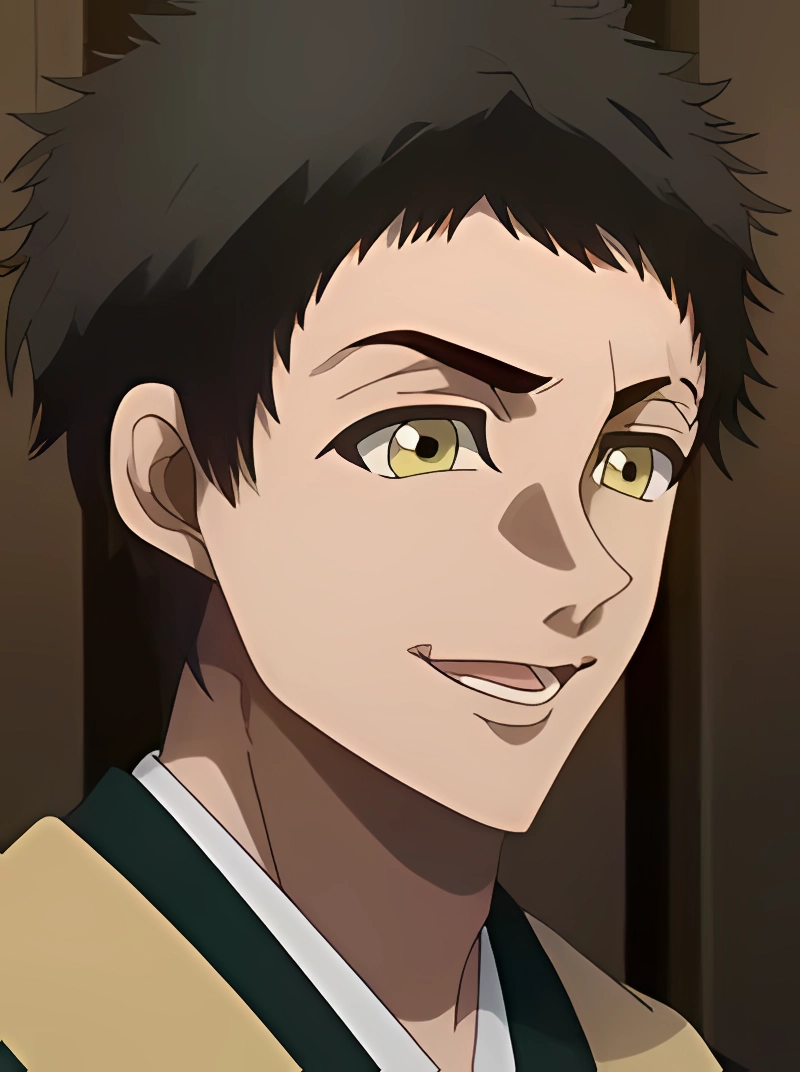 1boy, asaki yoimaru, brown hair, dead account, yellow eyes