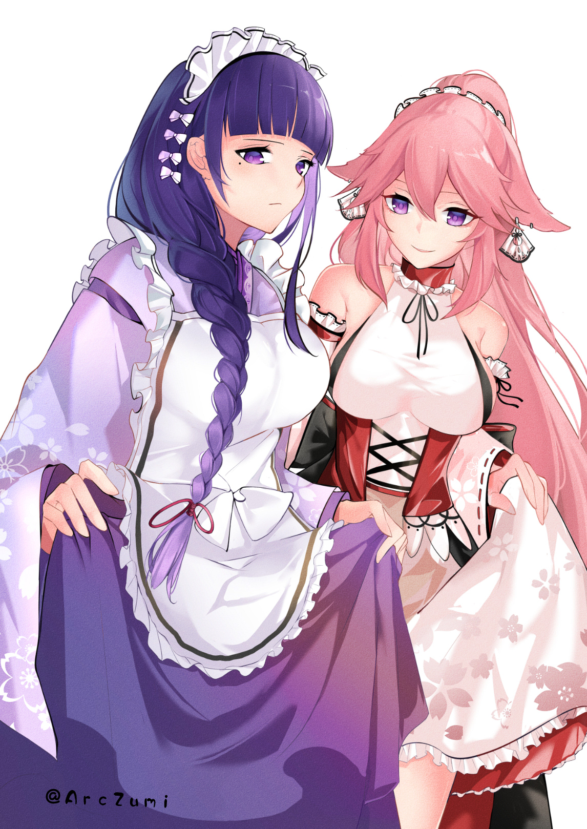 arczumi, raiden shogun, yae miko, genshin impact, commentary, highres, 2girls, alternate costume, animal ear piercing, animal ears, apron, artist name, bare shoulders, blunt bangs, blush, braid, breasts, closed mouth, couple, detached sleeves, dress, fox ears, fox girl, frilled apron, frills, gradient hair, hair between eyes, hair over shoulder, high ponytail, huge breasts, japanese clothes, kimono, leaning to the side, light smile, long braid, long hair, long sleeves, looking at viewer, looking down, looking to the side, maid, maid headdress, mole, mole under eye, multicolored hair, multiple girls, pink lips, ponytail, purple eyes, purple hair, purple kimono, ribbon, shade, simple background, single braid, sleeveless, upper body, white background, wide sleeves, yuri