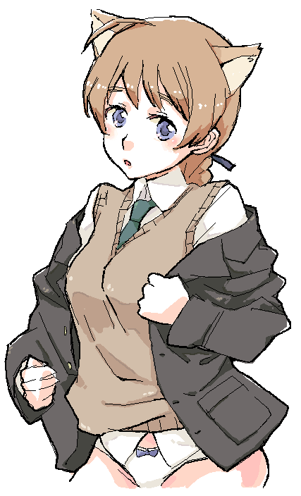 pe88y (yu tsugirls), lynette bishop, strike witches, world witches series, 1girl, animal ears, braid, cat ears, female focus, oekaki, panties, single braid, solo, sweater vest, underwear