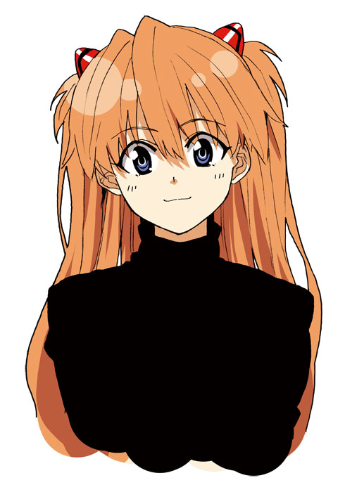 luna (reclaimed land), souryuu asuka langley, neon genesis evangelion, 1girl, :3, alternate costume, blue eyes, cropped torso, female focus, hair between eyes, red hair, simple background, smile, solo, turtleneck, white background