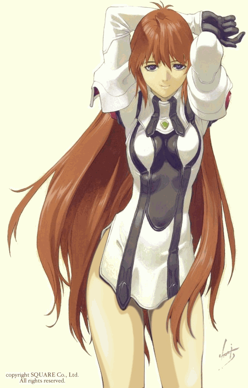 tanaka kunihiko, elhaym van houten, xenogears, non-web source, official art, third-party edit, 1990s (style), 1girl, arms up, bare legs, bottomless, brown hair, female focus, gloves, long hair, no legwear, purple eyes, retro artstyle, smile, solo, very long hair