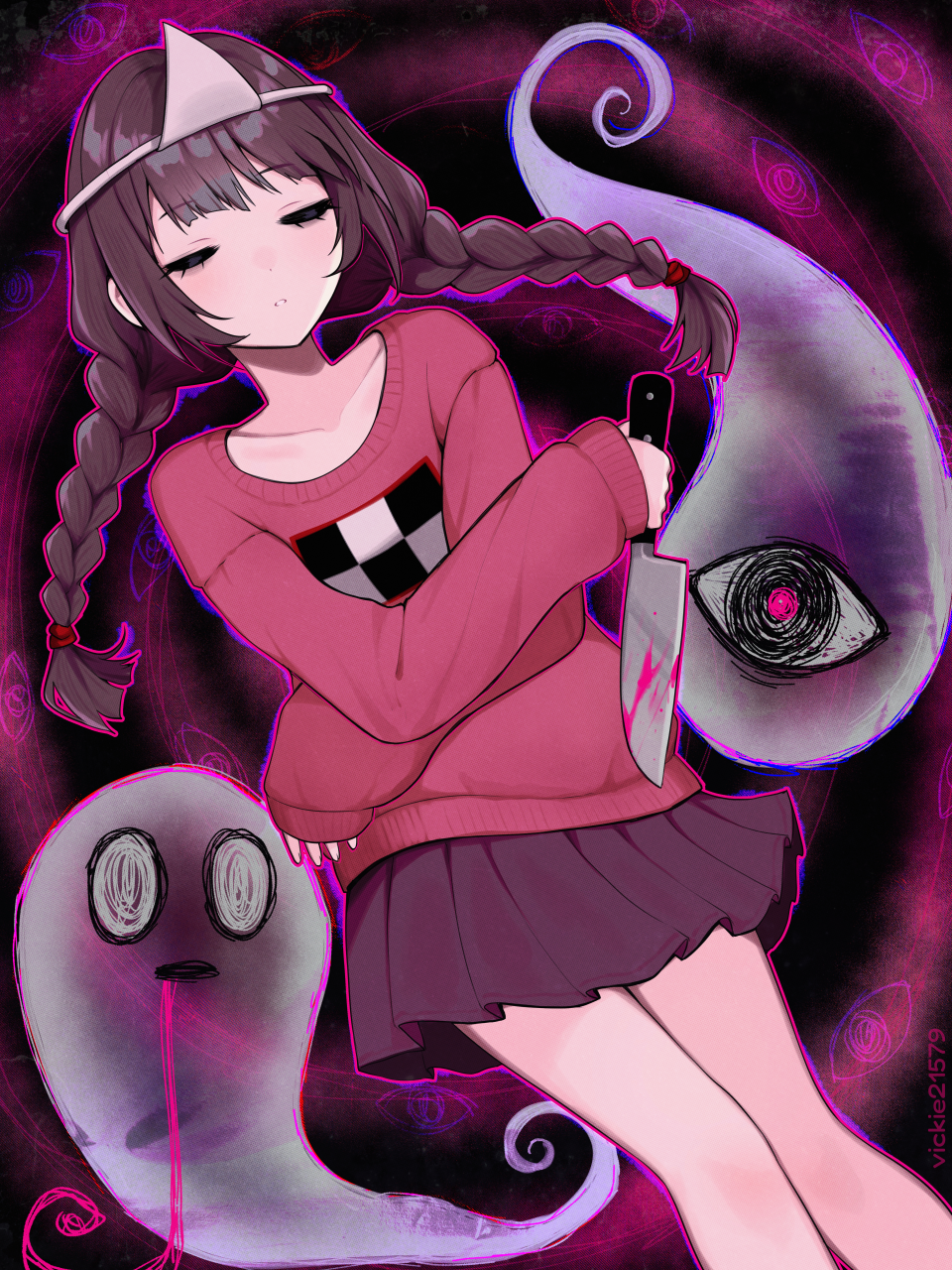 vickie (cryingrobot), madotsuki, yume nikki, commentary request, highres, 1girl, artist name, braid, braided twintails, brown hair, closed eyes, feet out of frame, ghost, holding, holding knife, knife, miniskirt, namekuji (yume nikki), parted lips, pink sweater, purple skirt, skirt, sleeves past wrists, sweater, triangular headpiece, upside-down