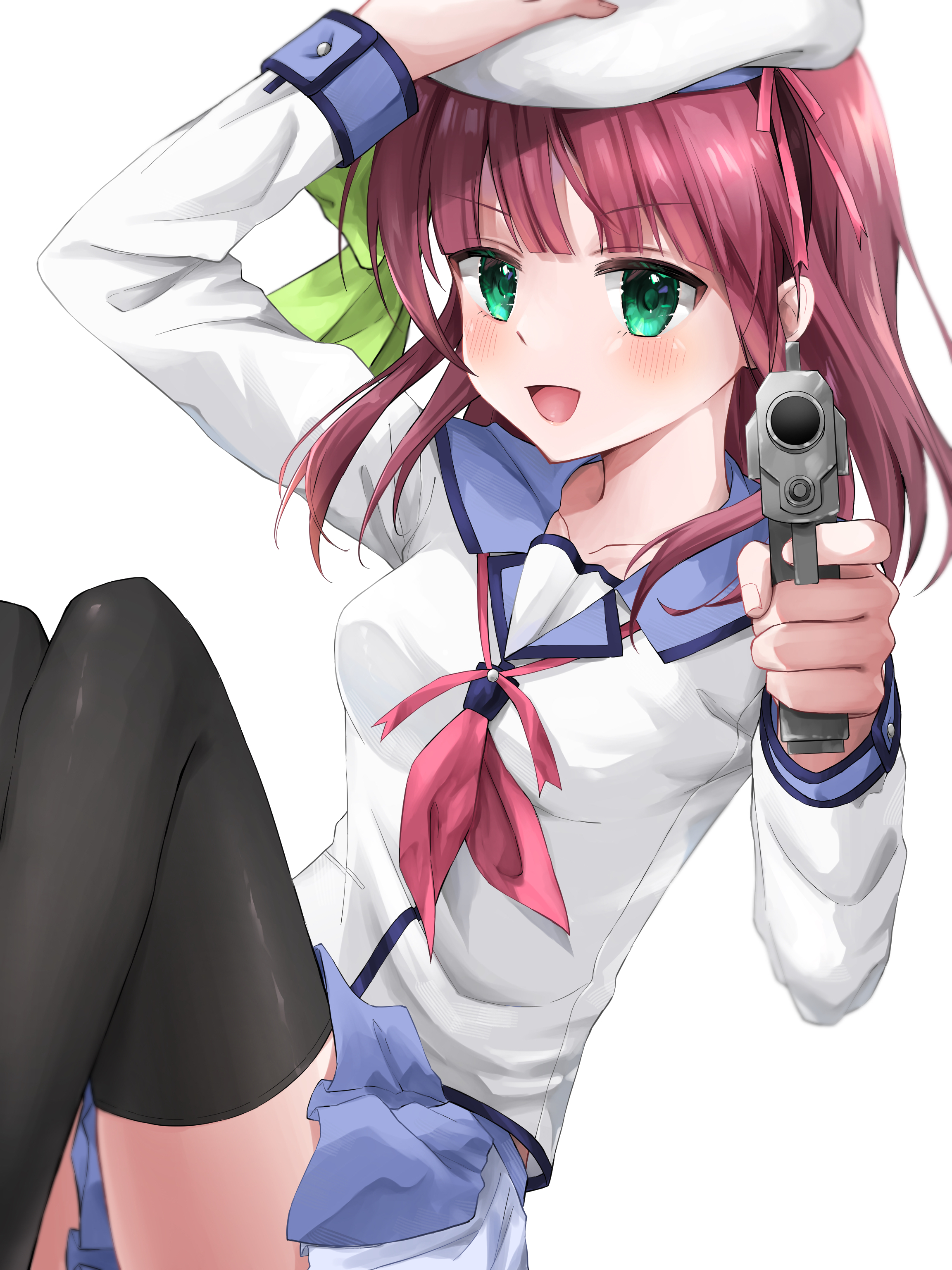 user vkcr5455, nakamura yuri, angel beats!, absurdres, commentary, english commentary, highres, 1girl, :d, aiming, aiming at viewer, arm up, beret, black thighhighs, blue skirt, blunt bangs, blush, bow, breasts, collarbone, dutch angle, feet out of frame, green bow, green eyes, gun, hair bow, hand up, handgun, hat, hat ribbon, holding, holding gun, holding weapon, knees up, long sleeves, looking at viewer, medium breasts, medium hair, miniskirt, neckerchief, open mouth, pink neckerchief, pink ribbon, pleated skirt, purple hair, ribbon, shinda sekai sensen uniform, shirt, simple background, sitting, skirt, smile, solo, thighhighs, thighs, v-shaped eyebrows, weapon, white background, white hat, white shirt