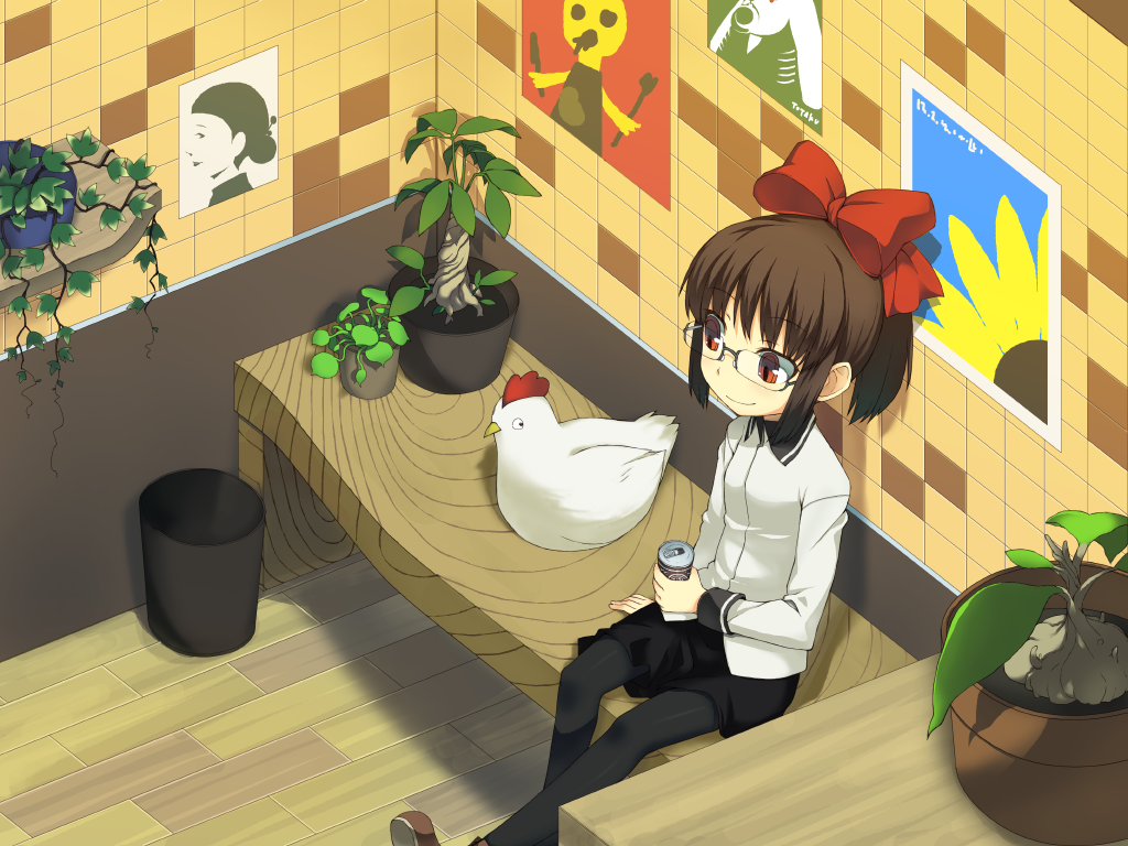 ikura hato, original, 1girl, bench, bird, can, chicken, female focus, glasses, pantyhose, sitting, smile, solo