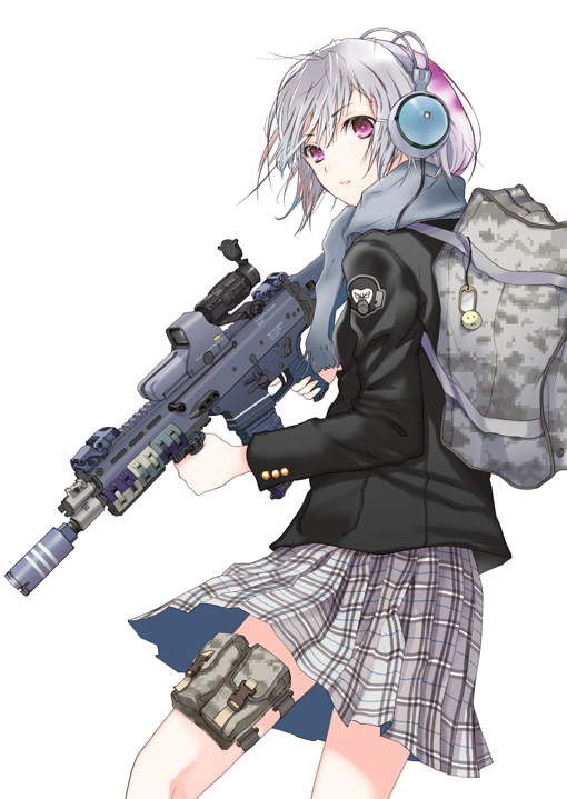fuyuno haruaki, original, 1girl, assault rifle, backpack, bag, bob cut, camouflage, eotech, female focus, fn scar, gun, headphones, jacket, looking back, messy hair, military operator, plaid clothes, plaid skirt, pouch, purple eyes, randoseru, rifle, scarf, school uniform, short hair, simple background, skirt, smiley face, solo, suppressor, upskirt, vertical forward grip, weapon, white background, white hair
