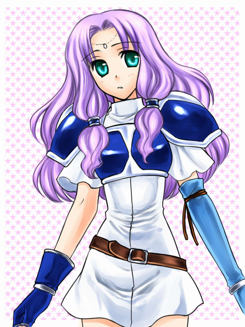 bo (774berry), florina (fire emblem), fire emblem, fire emblem: the blazing blade, nintendo, pegasus knight uniform (fire emblem), 1girl, aqua eyes, armor, belt, blue eyes, blush, circlet, elbow gloves, female focus, fingerless gloves, gloves, green eyes, long hair, ponytail, purple hair, solo