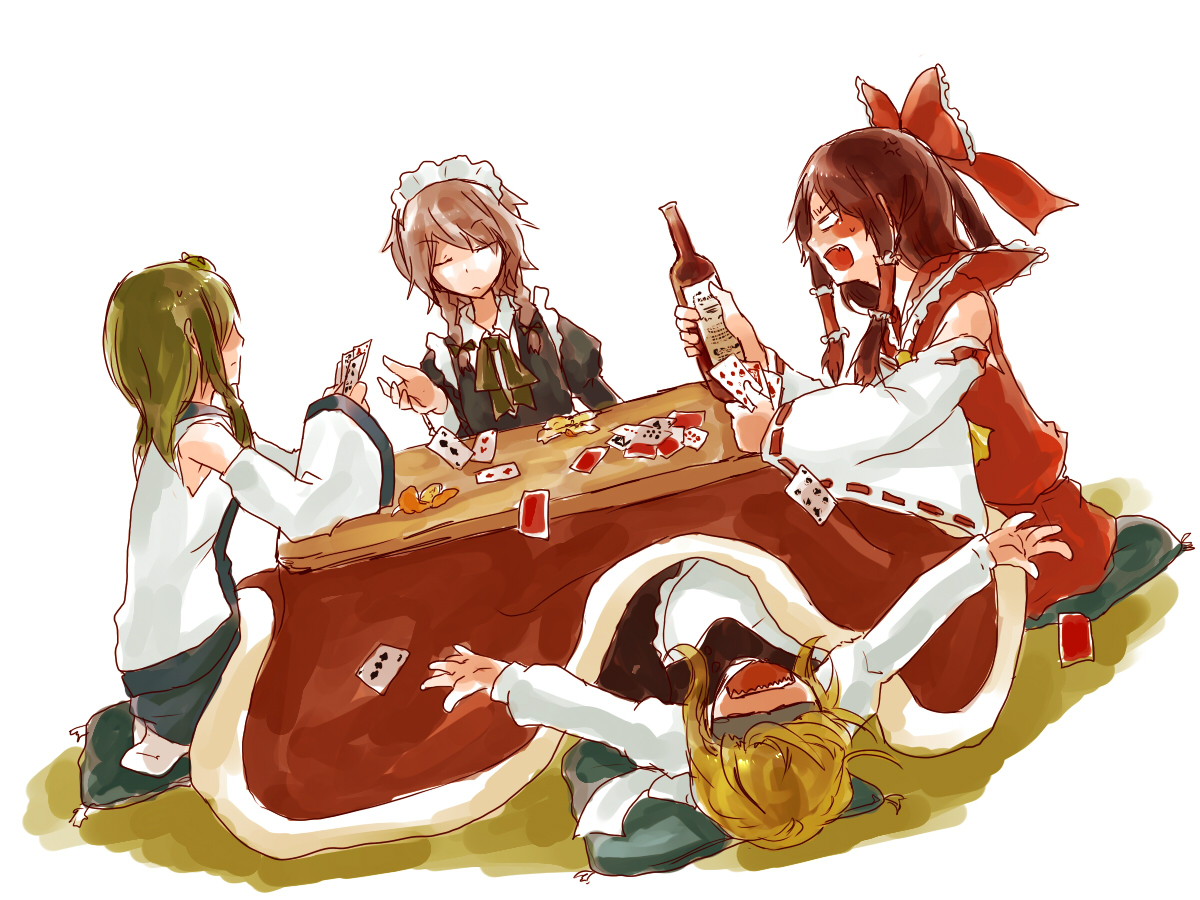 kurau kii, hakurei reimu, izayoi sakuya, kirisame marisa, kochiya sanae, touhou, bad id, bad pixiv id, 4girls, blonde hair, card, drunk, female focus, floating card, holding, holding card, kotatsu, multiple girls, playing card, short hair, table, under kotatsu, under table