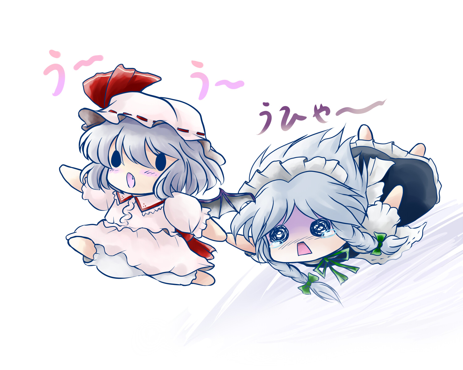 yume shokunin, izayoi sakuya, remilia scarlet, touhou, highres, 2girls, chibi, female focus, hat, holding hands, maid, multiple girls, o o, ribbon, running, skirt, tears, white background