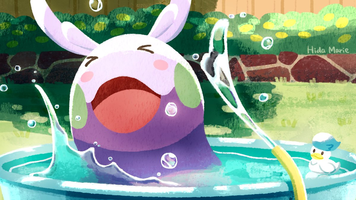 hidamarieart, goomy, quaxly, nintendo, pokemon, commentary request, beak, bush, closed eyes, gen 6 pokemon, grass, hose, no humans, open mouth, pokemon (creature), pool, rubber duck, slug, smile, water, water drop