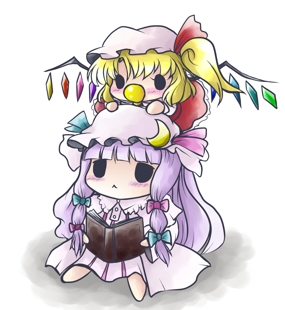 yume shokunin, flandre scarlet, patchouli knowledge, embodiment of scarlet devil, touhou, highres, 2girls, :<, aged down, baby, blunt bangs, blush, book, bow, chibi, chibi on head, female focus, hair bow, hat, hime cut, multiple girls, o o, on head, pacifier, purple hair, side ponytail, solid circle eyes, wings