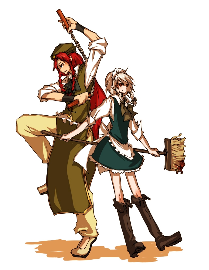 kurau kii, hong meiling, izayoi sakuya, embodiment of scarlet devil, touhou, silver hair, bad id, bad pixiv id, 2girls, arm up, back-to-back, boots, braid, chinese clothes, dress, female focus, fighting stance, hat, knee boots, leg up, long hair, maid, maid headdress, mop, multiple girls, nunchaku, outstretched arms, pants, red eyes, red hair, ribbon, shadow, short hair, smile, spread arms, twin braids, very long hair, weapon