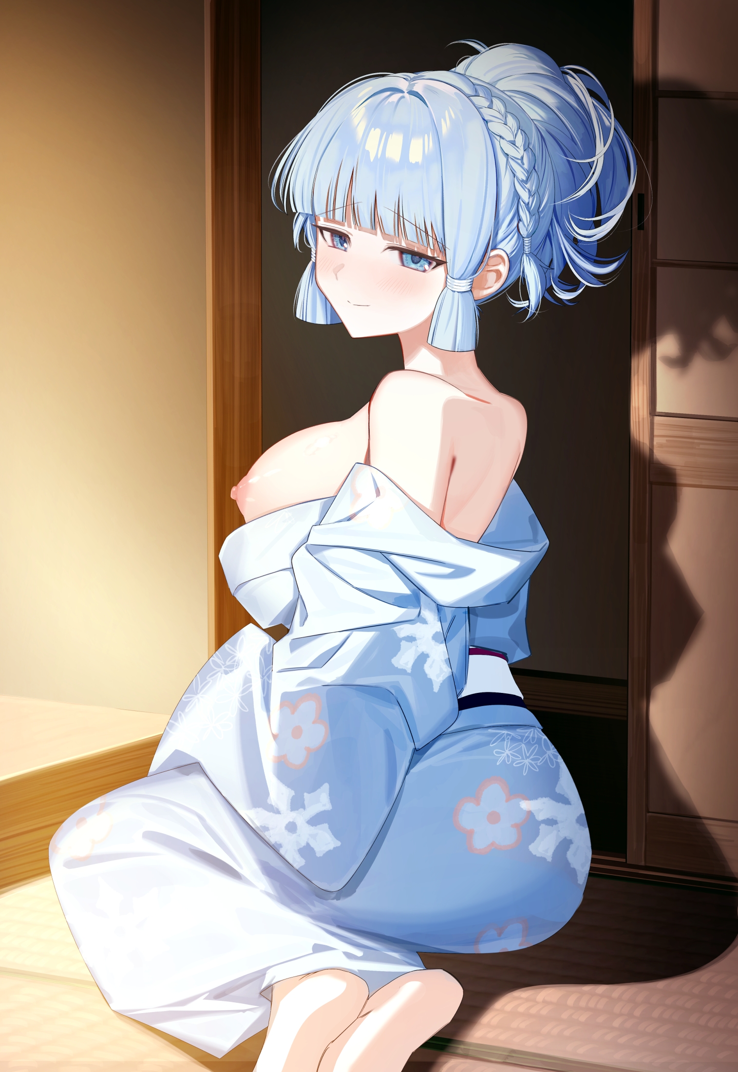 syandega, ayaka (genshin impact), genshin impact, commentary request, highres, 1girl, alternate costume, alternate hairstyle, barefoot, blue eyes, blue hair, blue kimono, blunt tresses, blush, breasts, closed mouth, from side, hair up, hand up, indoors, japanese clothes, kimono, large breasts, looking at viewer, looking to the side, nipples, off shoulder, short hair, sitting, smile, solo, turning head, yokozuwari