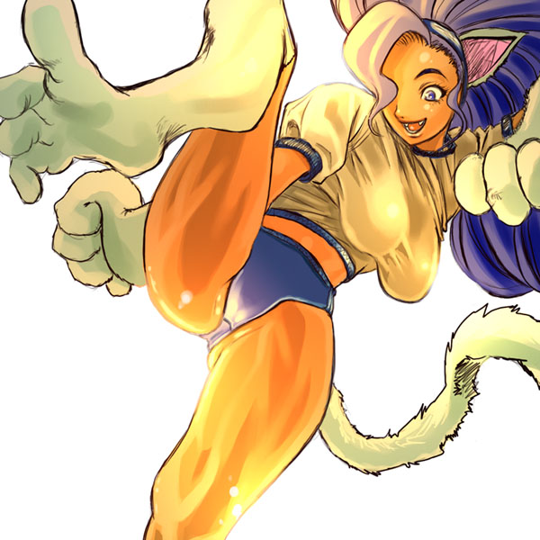 felicia (darkstalkers), capcom, darkstalkers, 1girl, animal ears, animal hands, artistic error, bad anatomy, bad feet, blue eyes, blue hair, buruma, cat ears, cat tail, feet, female focus, gym uniform, long hair, matching hair/eyes, poorly drawn, simple background, smile, solo, tail, underwear, white background