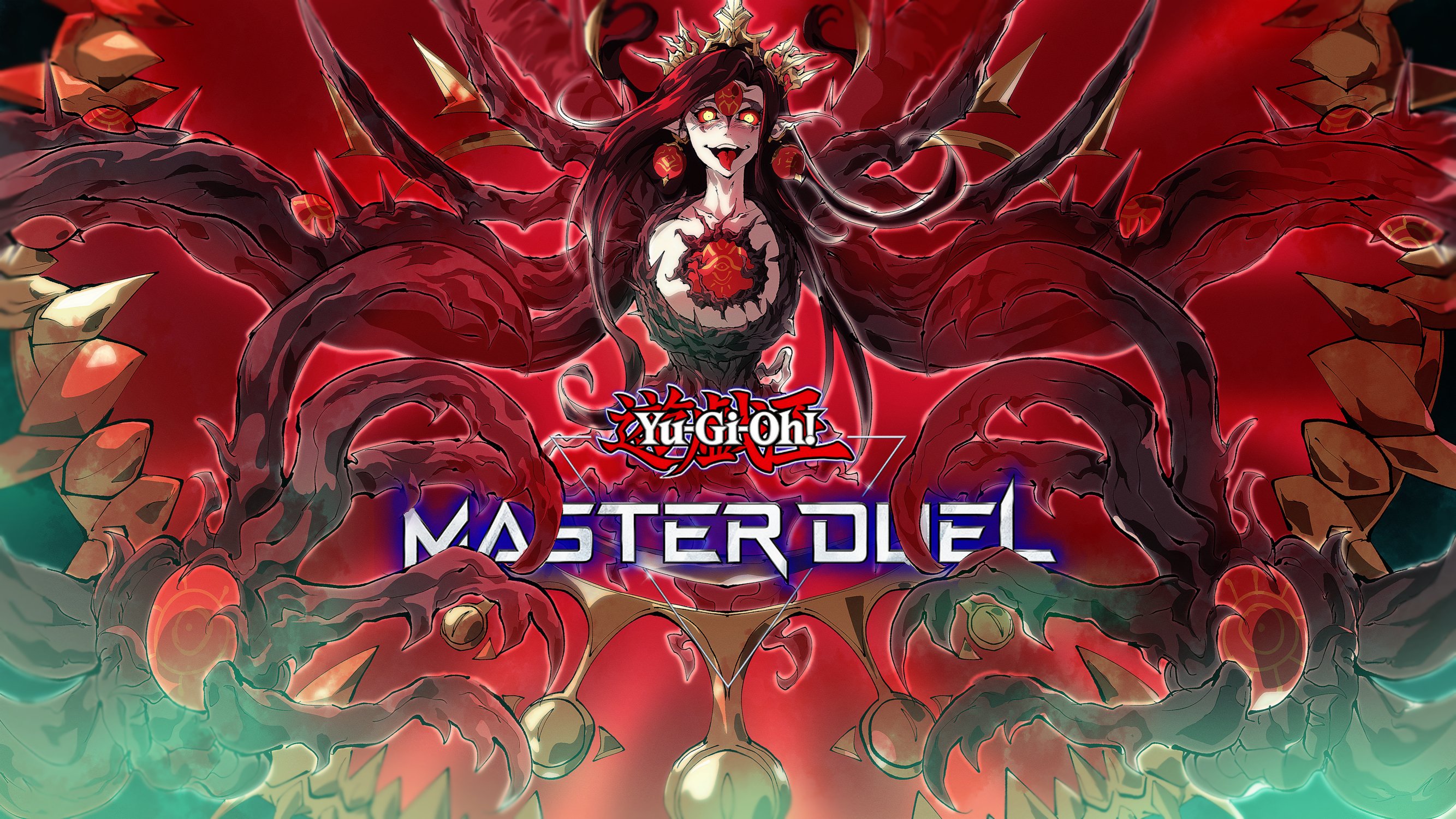 vincent graphic art, yu-gi-oh!, yu-gi-oh! master duel, commentary, english commentary, highres, video thumbnail, 1girl, black hair, blurry, colored sclera, crazy smile, depth of field, duel monster, earrings, glowing, glowing eyes, hair ornament, jewelry, long hair, pointy ears, red background, red sclera, saint azamina, smile, tentacles, thorns, tongue, tongue out, very long hair, yellow eyes