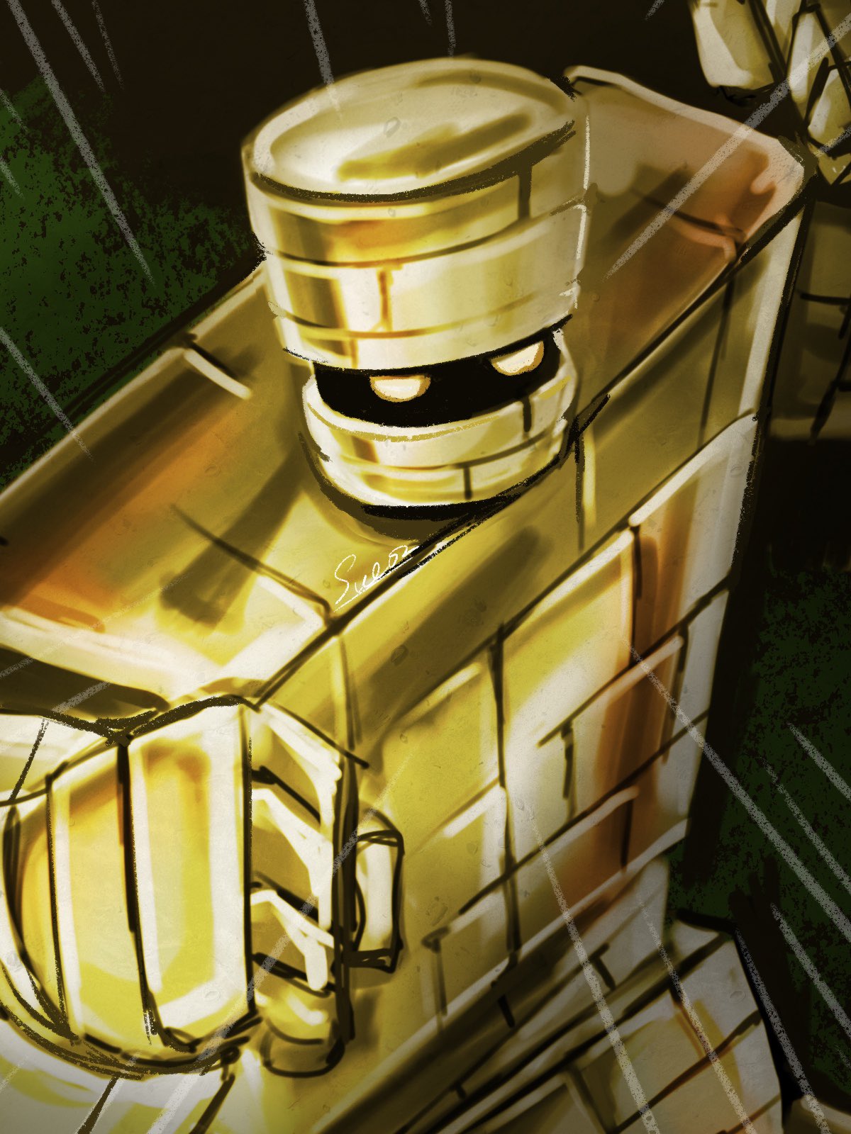 sue02 (suexxx), dragon quest, commentary request, highres, 1other, artist name, clenched hands, goldman (dragon quest), golem, looking at viewer, metal skin, motion lines, no humans, signature, yellow eyes