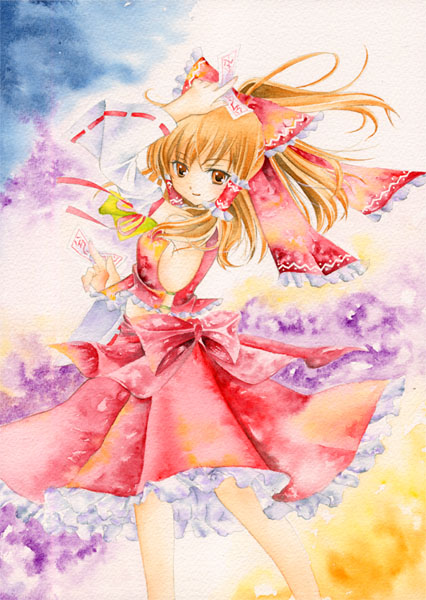 chinako, hakurei reimu, touhou, painting (medium), traditional media, watercolor (medium), 1girl, detached sleeves, female focus, gradient background, japanese clothes, miko, ofuda, solo, white background
