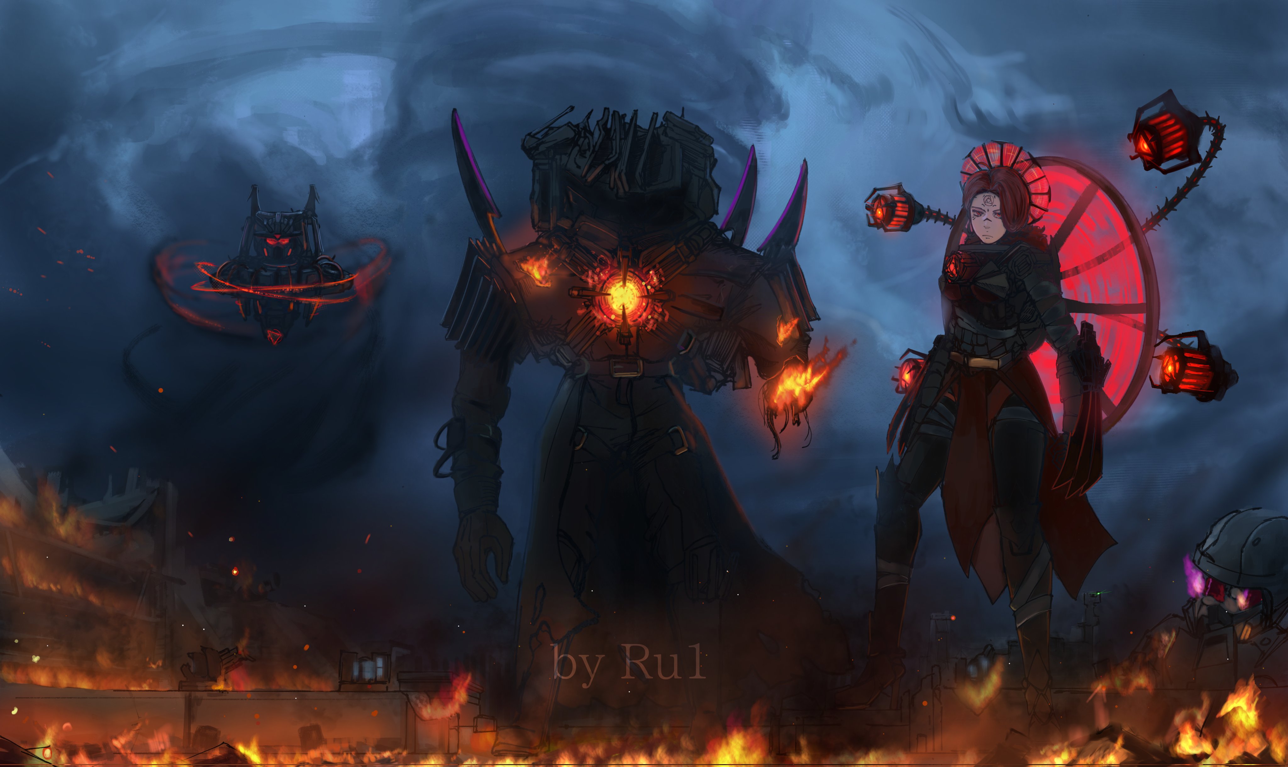 skibidi toilet (series), absurdres, commentary, english commentary, highres, 1girl, 2boys, artist name, assailant astro toilet, broken tv, cloud ruan99543, core, corpse, duchess astro toilet, fire, floating, glowing, glowing weapon, green light, helmet, iron halo, laser cannon, multiple boys, post-apocalypse, red hair, ruins, shoulder blades, shoulder spikes, spikes, television, tendrils from back, watchman of doom (titan tv man), weapon