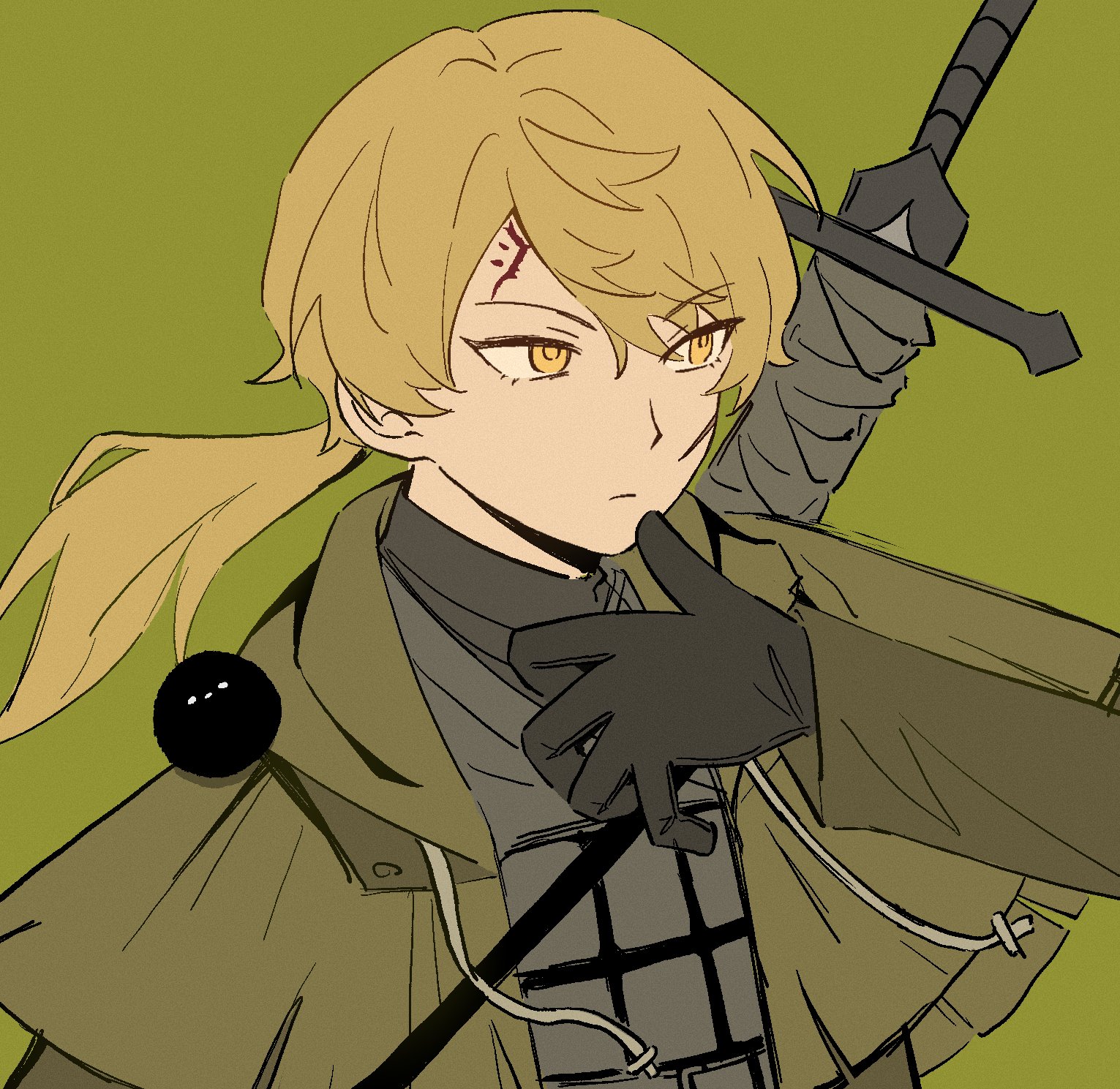sinclair (project moon), limbus company, project moon, highres, spoilers, 1boy, a certain sinclair (project moon), animal, animal on shoulder, bird, bird on shoulder, black gloves, blonde hair, bulletproof vest, capelet, closed mouth, facial mark, forehead mark, gloves, green background, green capelet, green jacket, hand up, jacket, long hair, looking to the side, low ponytail, male focus, mubzhmngdedngp1, ponytail, scar, scar on face, sheath, sheathed, simple background, solo, sword, sword on back, upper body, weapon, weapon on back, yellow eyes