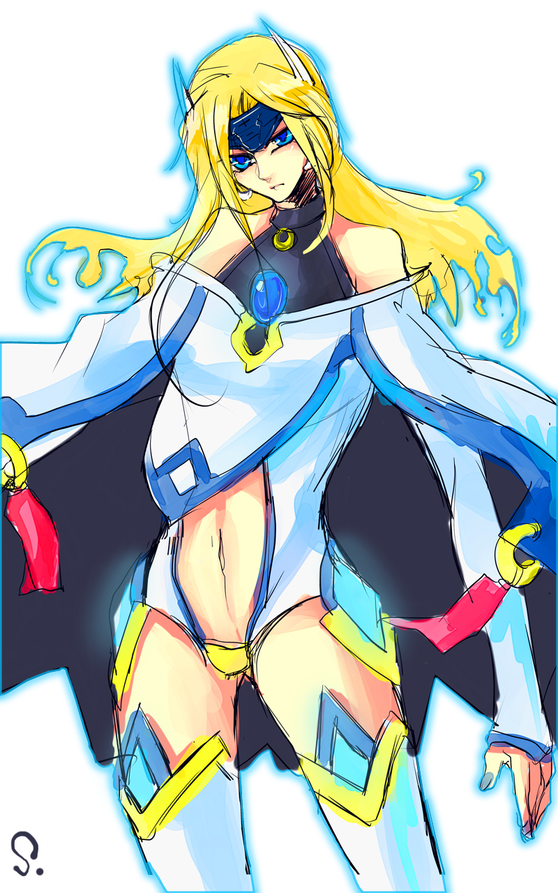 nayuki (pixiv481700), sesame ange, mu-12, arc system works, blazblue, bad id, bad pixiv id, highres, spoilers, 1girl, bare shoulders, blonde hair, blue eyes, cape, female focus, long hair, midriff, nail polish, solo, thighhighs, tiara, white background