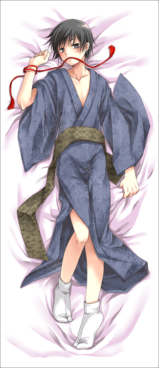 japan (hetalia), axis powers hetalia, 1boy, black eyes, black hair, blush, full body, japanese clothes, kimono, lying, male focus, rope, short hair, solo, tabi
