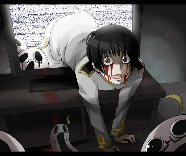 suikka, japan (hetalia), axis powers hetalia, the ring, bad id, bad pixiv id, 1boy, ahoge, black hair, blood, blood on face, bloody tears, blunt bangs, brown eyes, buttons, creepy, glasses, horror (theme), looking at viewer, male focus, military, military uniform, open mouth, parody, screaming, sharp teeth, short hair, solo, static, teeth, television, through medium, through screen