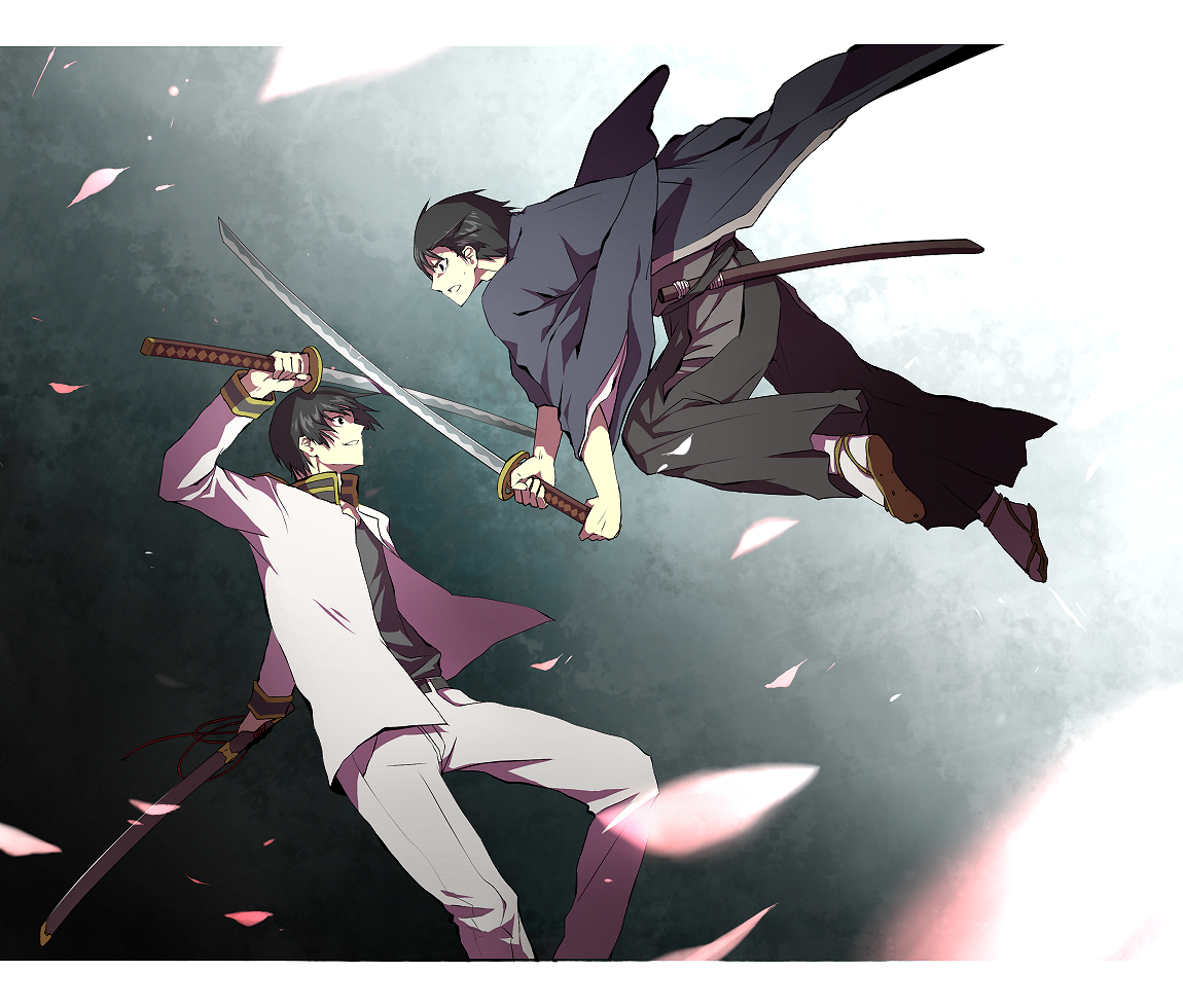japan (hetalia), axis powers hetalia, 2boys, black hair, dual persona, fighting, hakama, hakama skirt, japanese clothes, male focus, multiple boys, short hair, skirt, sword, weapon