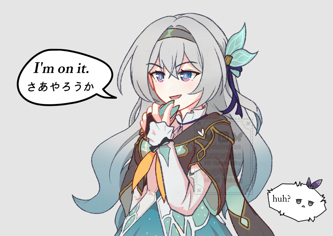 cielrayze, firefly (honkai: star rail), silver wolf (honkai: star rail), honkai: star rail, honkai (series), commentary, english commentary, 2girls, aqua dress, black hairband, blue ribbon, brown jacket, collared dress, detached sleeves, dress, frilled dress, frills, gradient hair, green pupils, grey hair, hair between eyes, hair intakes, hair ornament, hair ribbon, hairband, jacket, long hair, long sleeves, multicolored hair, multiple girls, neckerchief, open mouth, orange neckerchief, ribbon, ribbon-trimmed sleeves, ribbon trim, smile, speech bubble, white sleeves