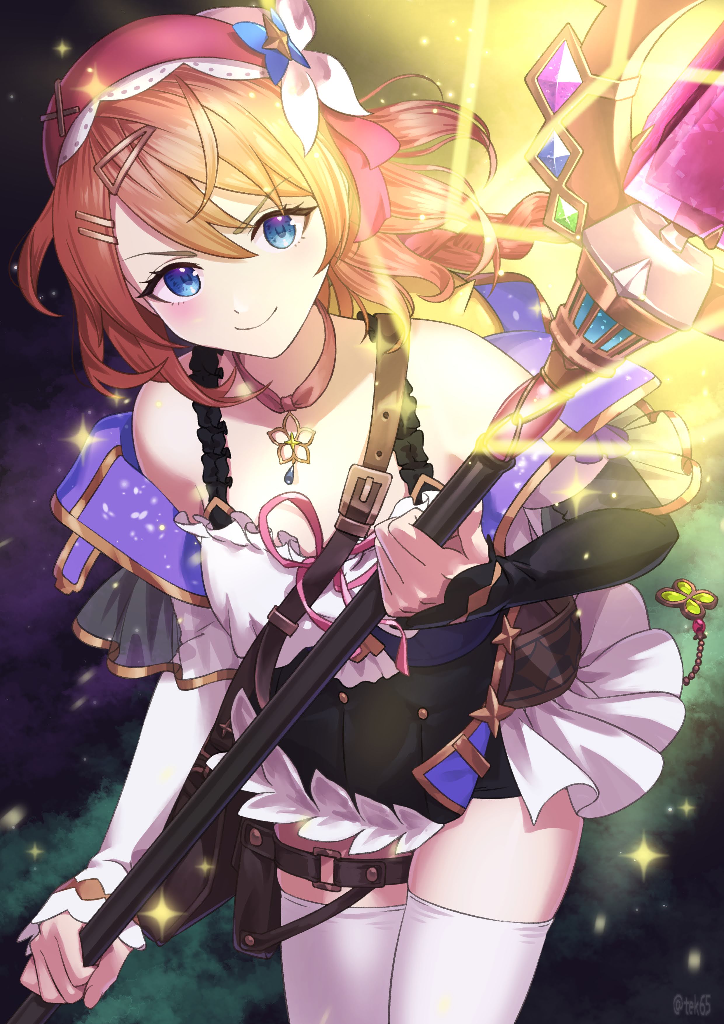 girugiru (tektonics6588), resna sternenlicht, atelier (series), atelier resleriana, absurdres, commentary, highres, >:), 1girl, asymmetrical sleeves, bare shoulders, black dress, blue eyes, braid, brown hair, buttons, choker, closed mouth, cowboy shot, detached sleeves, double-breasted, dress, dutch angle, eyelashes, floating hair, hair between eyes, hair ornament, hairclip, hat, holding, holding staff, leaning forward, long hair, looking at viewer, mage staff, mismatched sleeves, parallel hairclips, pink choker, pink hat, single braid, sleeveless, sleeveless dress, smile, smug, solo, sparkle, staff, star (symbol), star choker, thigh strap, thighhighs, tsurime, twitter username, two-tone dress, v-shaped eyebrows, white dress, white thighhighs, zettai ryouiki