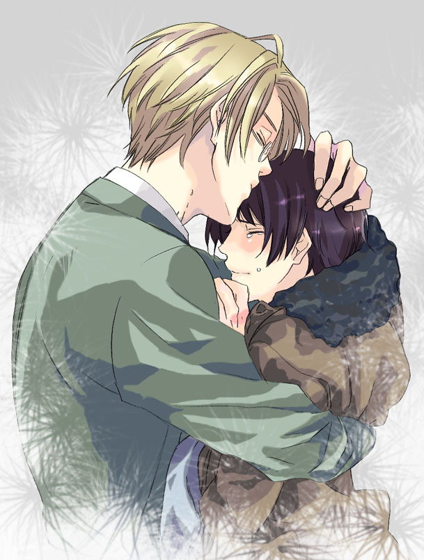 america (hetalia), japan (hetalia), axis powers hetalia, 2boys, black hair, male focus, multiple boys, short hair, tears, yaoi