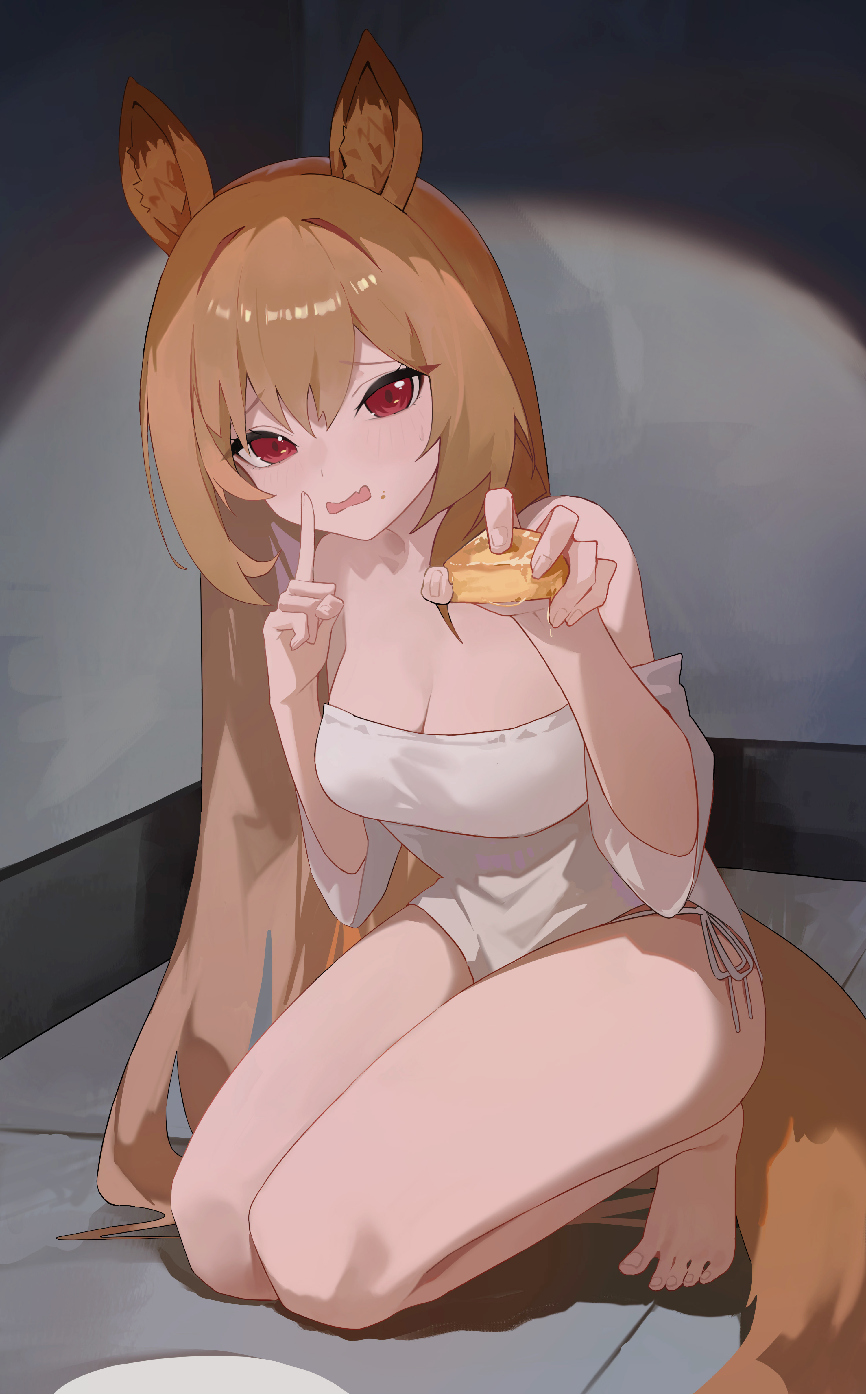 yorei 8338, ceobe (arknights), arknights, absurdres, chinese commentary, commentary request, highres, 1girl, animal ear fluff, animal ears, bare shoulders, barefoot, breasts, brown hair, brown tail, cleavage, fang, finger to mouth, food, full body, hair between eyes, holding, holding food, kneeling, light blush, long hair, looking at viewer, medium breasts, on floor, open mouth, red eyes, shirt, short sleeves, shushing, skin fang, solo, tail, white shirt