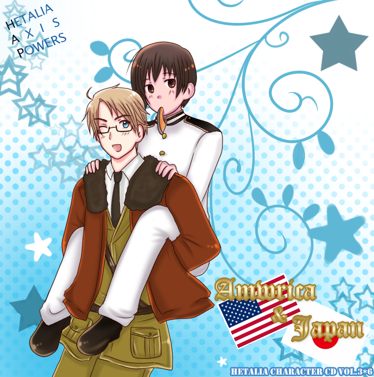 america (hetalia), japan (hetalia), axis powers hetalia, 2boys, black hair, blonde hair, blue eyes, brown eyes, food, glasses, male focus, multiple boys, piggyback, short hair, sushi, wink