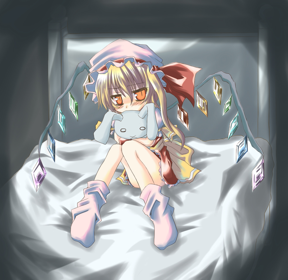 yuuji (itadon), flandre scarlet, embodiment of scarlet devil, touhou, 1girl, blonde hair, blush, female focus, full body, hat, hug, hug from behind, orange eyes, rabbit, short hair, side ponytail, sitting, socks, solo, stuffed animal, stuffed rabbit, stuffed toy, wings