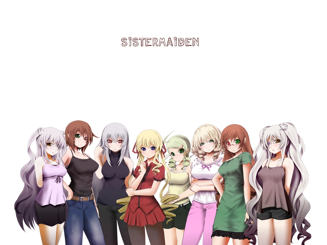 chemical-x, barasuishou, hinaichigo, kanaria, kirakishou, shinku, souseiseki, suigintou, suiseiseki, rozen maiden, 00s, 6+girls, adapted costume, blonde hair, breasts, camisole, casual, crossed arms, denim, drill hair, eyepatch, female focus, glasses, hand on own hip, heterochromia, hip focus, jeans, large breasts, lineup, long hair, miniskirt, multiple girls, pants, pantyhose, skirt, sleeveless, sleeveless turtleneck, turtleneck