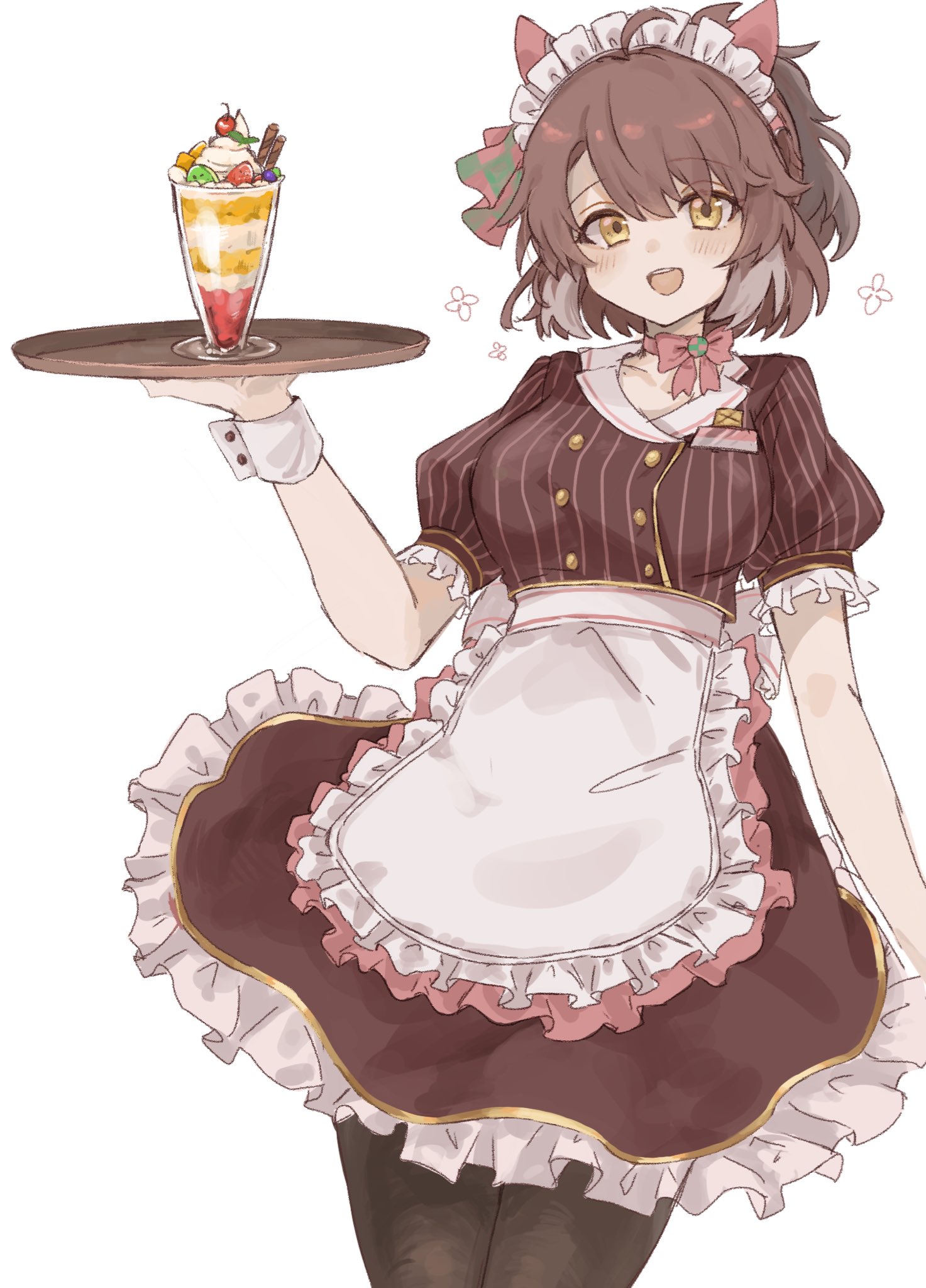 t7jzw3, dantsu flame (umamusume), coco's, umamusume, commentary request, highres, revision, 1girl, ahoge, animal ears, apron, black pantyhose, blush, bow, bow choker, breasts, brown eyes, brown hair, brown shirt, brown skirt, choker, collarbone, ear covers, food, hair between eyes, holding, holding tray, horse ears, horse girl, looking at viewer, medium breasts, multicolored hair, name tag, open mouth, pantyhose, parfait, pink bow, pink choker, puffy sleeves, shirt, simple background, skirt, smile, solo, tray, waist apron, waitress, white apron, white background, white hair, white headdress