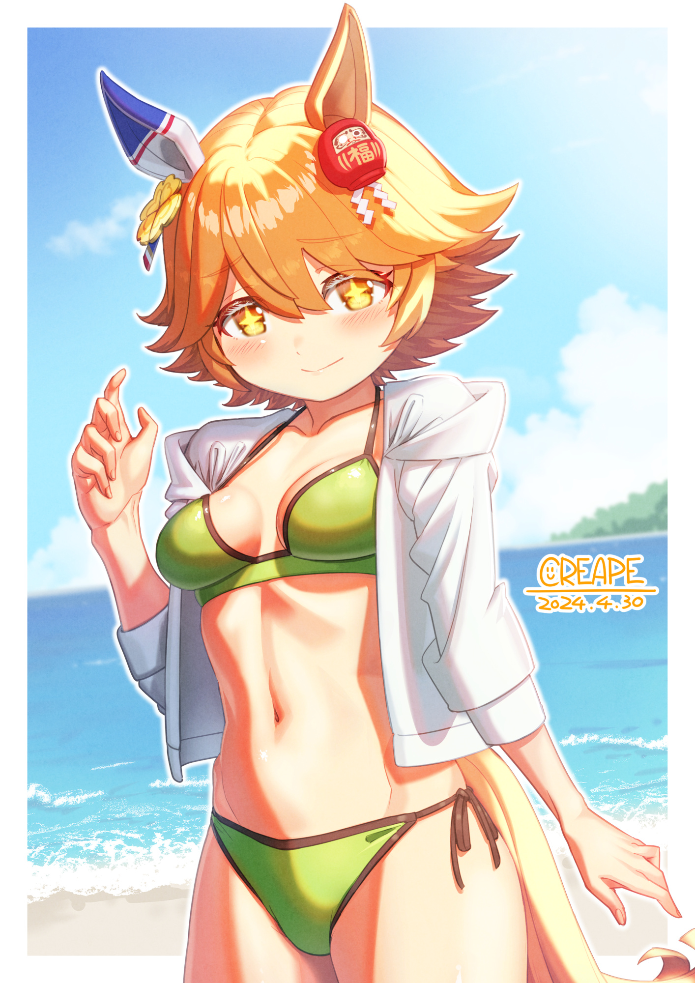 creape, matikanefukukitaru (umamusume), umamusume, commentary request, highres, + +, 1girl, animal ears, beach, bikini, blue sky, blush, breasts, closed mouth, cloud, clover hair ornament, collarbone, daruma doll, daruma doll hair ornament, ear covers, flipped hair, four-leaf clover hair ornament, green bikini, hair between eyes, hair ornament, hood, hood down, hooded jacket, hoodie, horse ears, horse girl, horse tail, jacket, looking at viewer, medium breasts, navel, open clothes, open jacket, orange hair, outdoors, short hair, single ear cover, sky, smile, solo, stomach, swimsuit, tail, water, white jacket