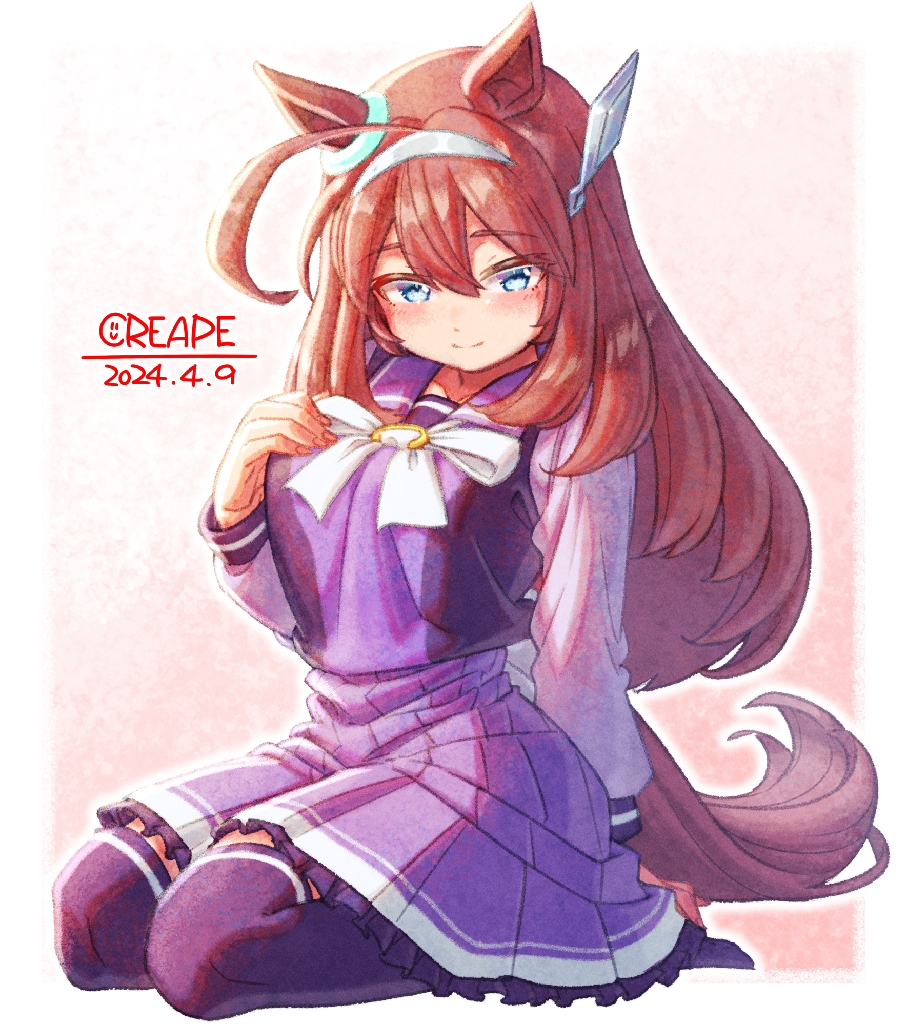 creape, mihono bourbon (umamusume), umamusume, commentary request, highres, 1girl, ahoge, animal ears, blue eyes, blush, bow, bowtie, breasts, brown hair, closed mouth, grey hairband, hair between eyes, hair ornament, hairband, horse ears, horse girl, horse tail, long hair, looking at viewer, medium breasts, pleated skirt, purple sailor collar, purple serafuku, purple shirt, purple skirt, purple thighhighs, sailor collar, sailor shirt, school uniform, seiza, serafuku, shirt, silver hairband, sitting, skirt, smile, solo, tail, thighhighs, tracen school uniform, white bow, white bowtie, zettai ryouiki