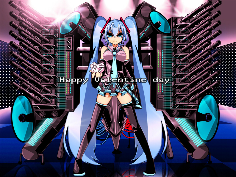 sakagemiken5, hatsune miku, koi wa sensou (vocaloid), vocaloid, bad id, bad pixiv id, 1girl, aqua eyes, aqua hair, detached sleeves, female focus, gift, happy valentine, heart, legs, long hair, megaphone, necktie, skirt, smile, solo, thighhighs, twintails, valentine, very long hair, zettai ryouiki