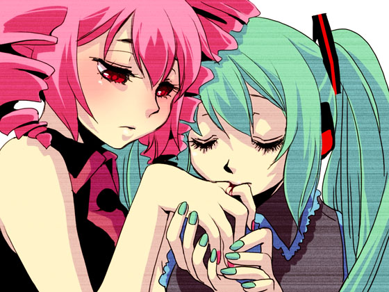 windbard, hatsune miku, kasane teto, kasane teto (utau), utau, vocaloid, bad id, bad pixiv id, 2girls, aqua hair, biting, blood, closed eyes, crossover, drill hair, headphones, long hair, multiple girls, pink hair, red eyes, twin drills, twintails
