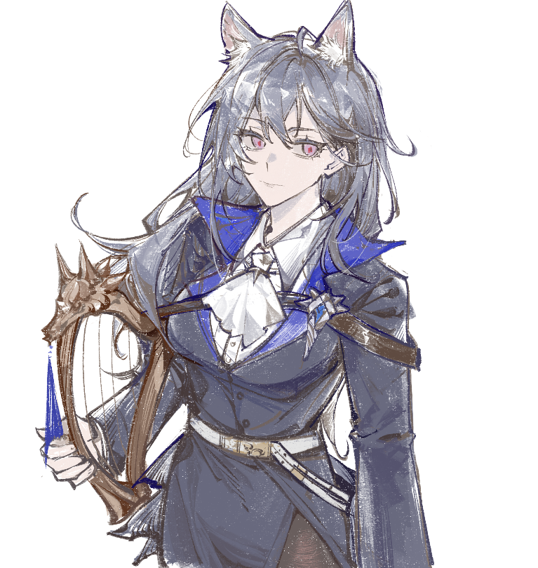 gertrude strollo (arknights), arknights, chinese commentary, commentary request, 1girl, animal ear fluff, animal ears, ascot, black coat, black hair, buttons, closed mouth, coat, collared shirt, hair between eyes, haishen miwang de jiyi, harp, holding, holding instrument, instrument, long hair, long sleeves, pink eyes, shirt, simple background, solo, unamused, white ascot, white background, white shirt