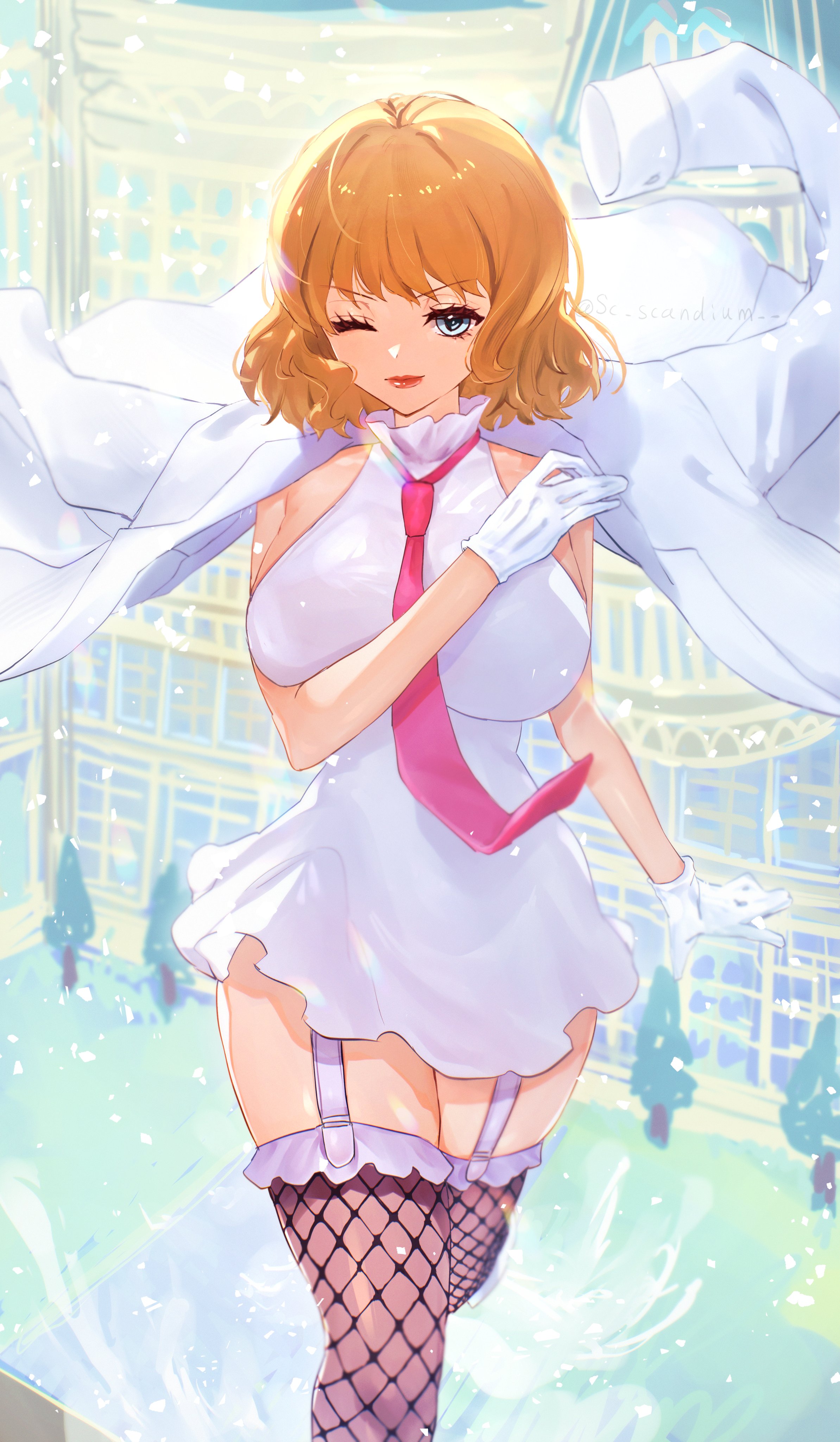 sc scandium, stussy (one piece), one piece, absurdres, highres, mixed-language commentary, 1girl, blonde hair, blue eyes, blunt bangs, breasts, dress, fishnet thighhighs, fishnets, garter straps, gloves, jacket, jacket on shoulders, large breasts, looking at viewer, necktie, one eye closed, pink necktie, short dress, sleeveless, sleeveless dress, thighhighs, twitter username, white gloves