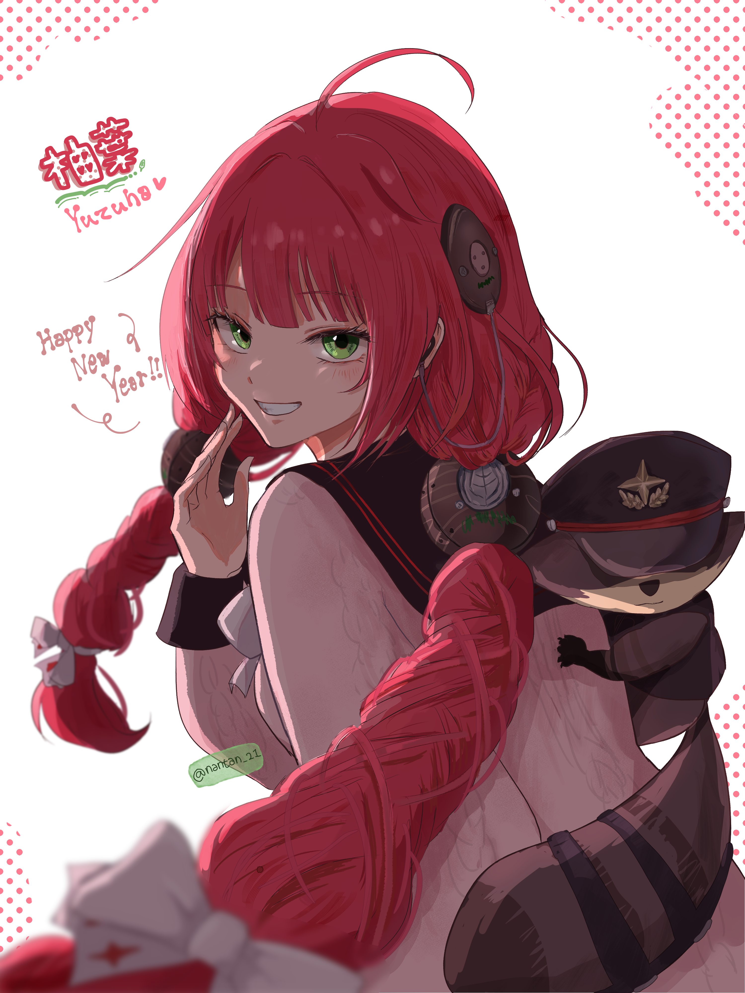 kamanosuke (zenless zone zero), ukinami yuzuha, zenless zone zero, absurdres, commentary, commentary request, english commentary, highres, mixed-language commentary, 1girl, ahoge, animal on back, blurry, blurry foreground, blush, braid, braided twintails, cardigan, character name, chest bow, from behind, green eyes, grin, hair ornament, hair ribbon, hand up, happy new year, hearing aid, long hair, looking at viewer, looking back, mirimiri21, new year, parted lips, pink cardigan, raccoon, red hair, ribbon, smile, sphere hair ornament, tanuki, twitter username, upper body, white background, white ribbon