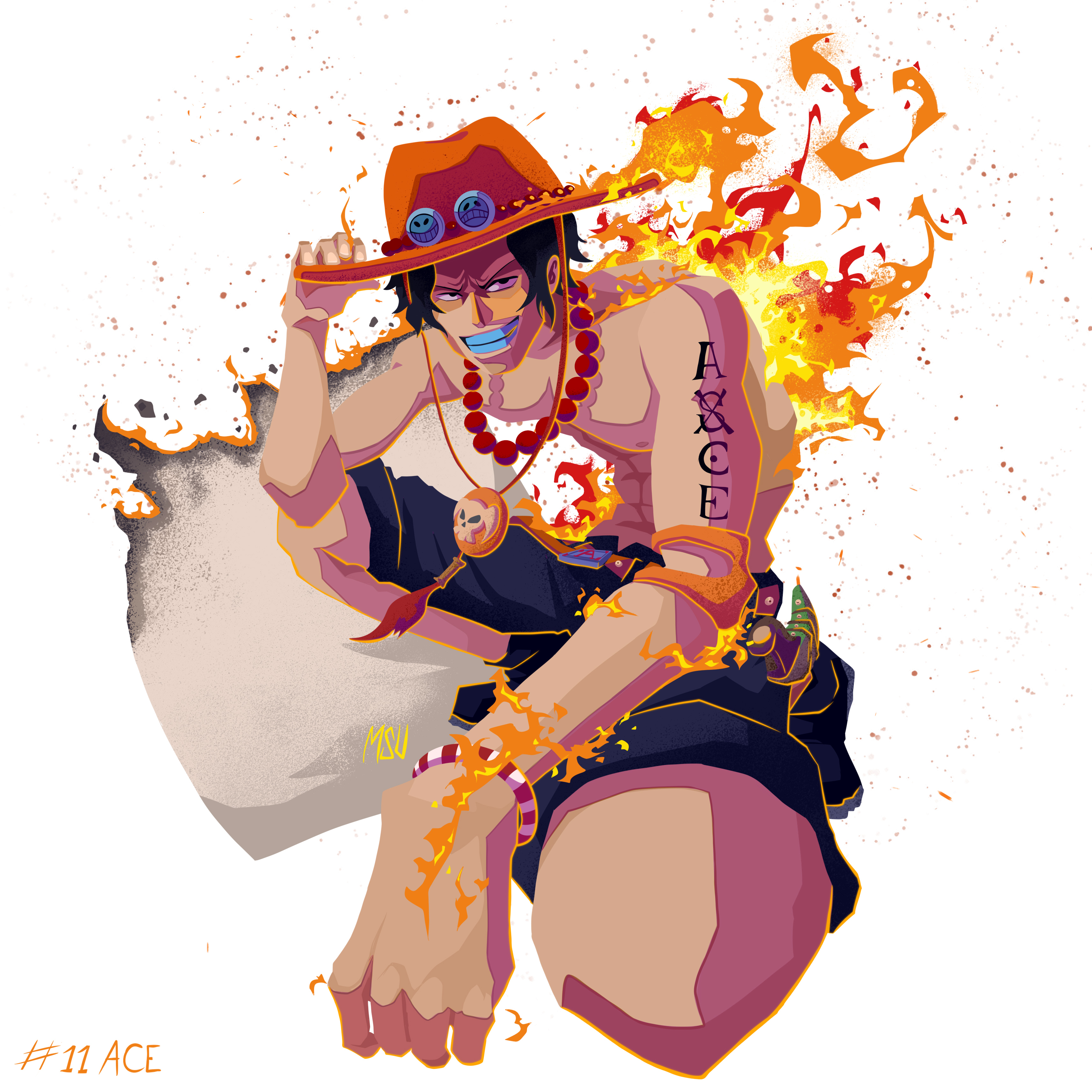 msudrawings, portgas d. ace, one piece, absurdres, commentary, highres, 1girl, abs, arm tattoo, black hair, black shorts, bracelet, clenched teeth, elbow pads, fire, hat, inktober, jewelry, looking at viewer, orange hair, orange hat, paper, short hair, shorts, single elbow pad, smile, squatting, tattoo, teeth, topless male